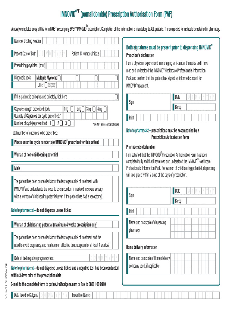 IMNOVID Pomalidomide Prescription Authorisation Form PAF