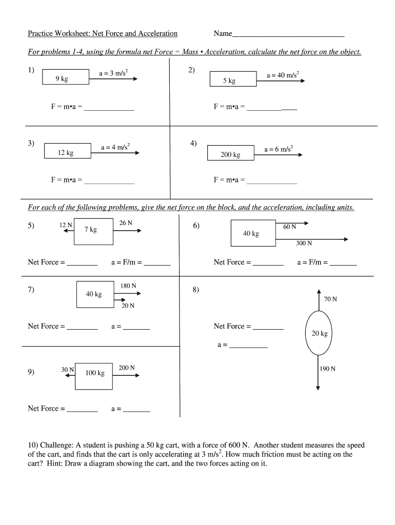 Practice Worksheet Net Force and Acceleration Answer Key  Form