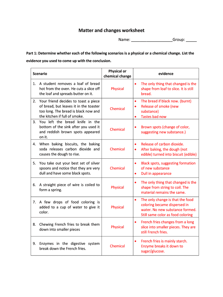 Physical and Chemical Changes Worksheet  Form