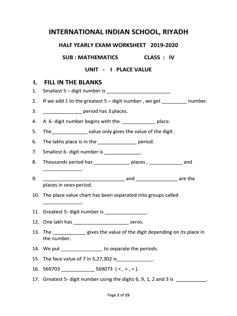 Maths Worksheets for Class 1 PDF  Form