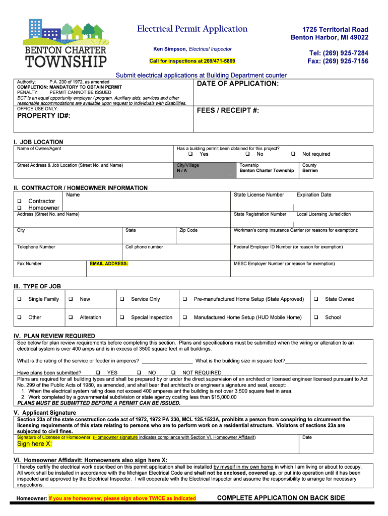 Electrical Permit Application 1725 Territorial Road Benton  Form