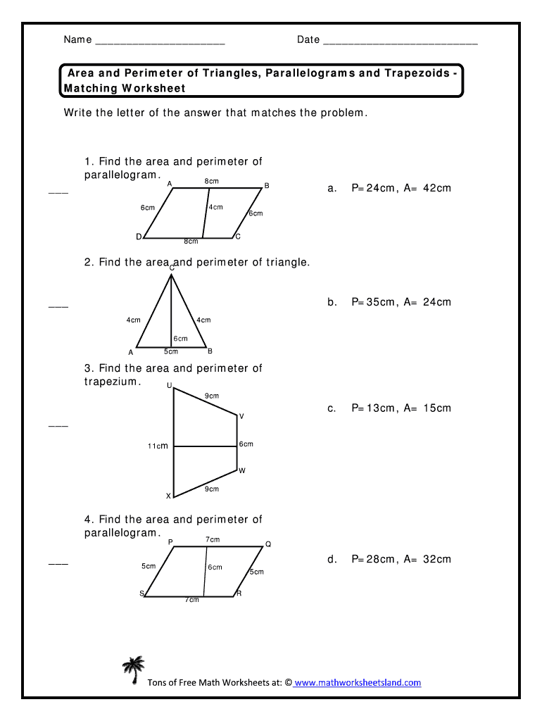Area and Perimeter of Triangles Parallelograms and Trapezoids Worksheets  Form
