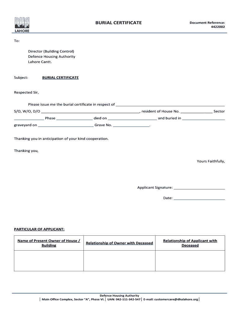 Burial Certificate DHA Lahore  Form