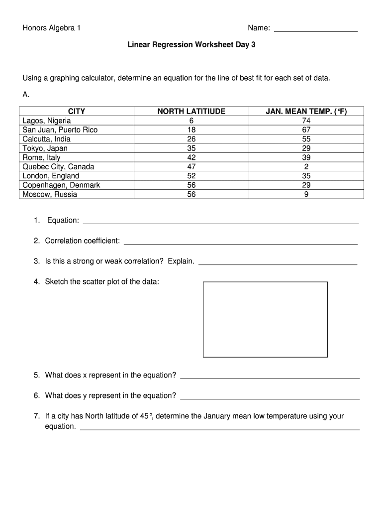 Linear Regression Worksheet Day 3 Answer Key  Form