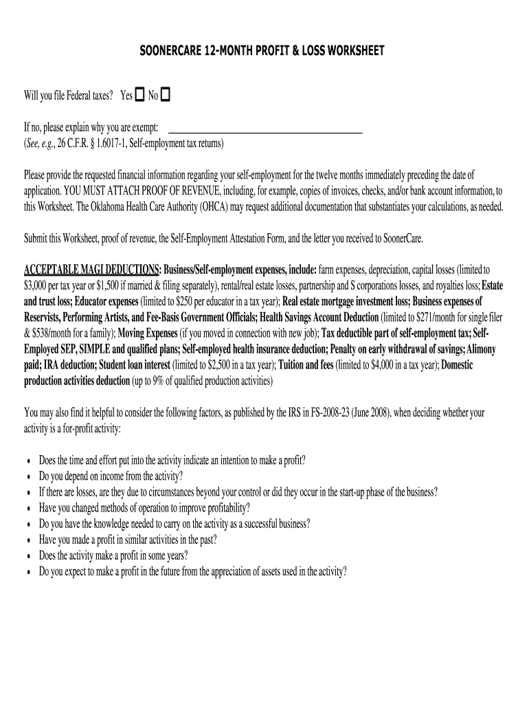 SOONERCARE 12 MONTH PROFIT &amp; LOSS WORKSHEET  Form