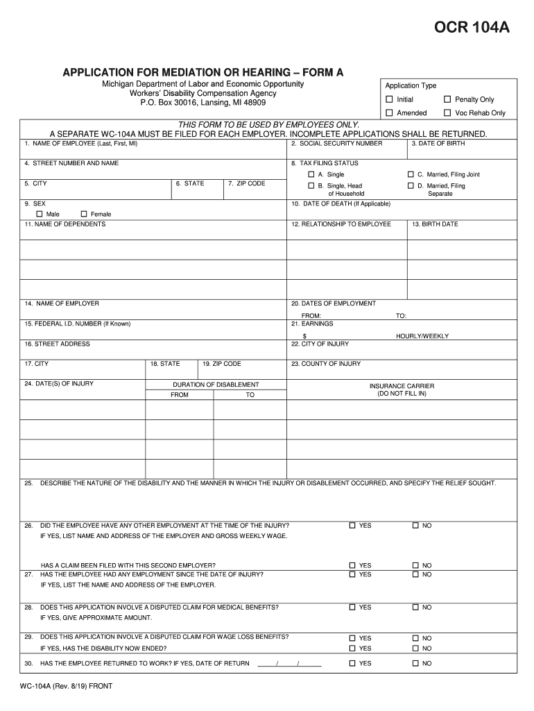  Application for Mediation or Hearing WC 104A 2019-2024