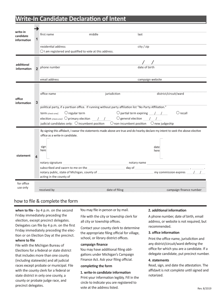  Michigan Write in Candidate Declaration of Intent 2019-2024