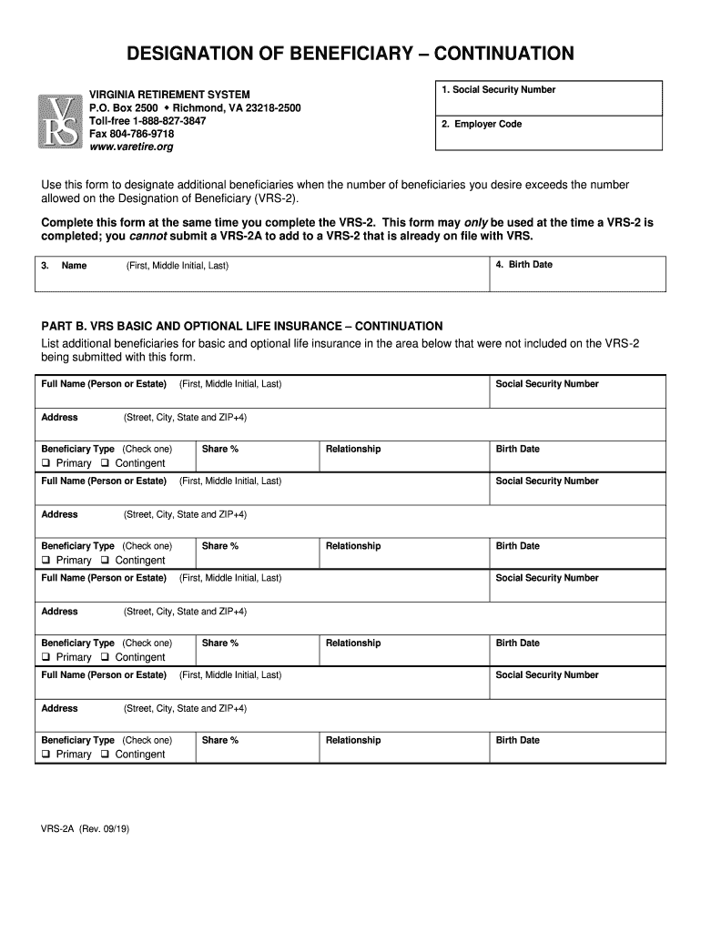  Designation of Beneficiary Continuation VRS 2A Virginia 2019-2024