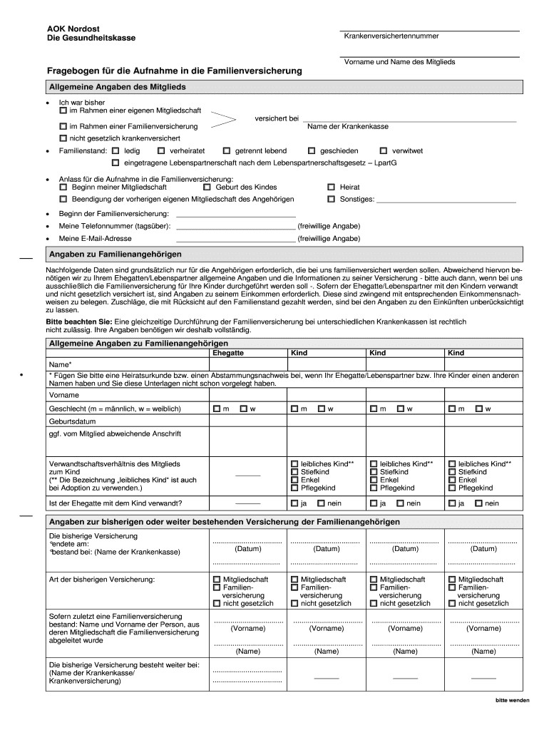 Aok Nordost Anmeldung Familienversicherung  Form