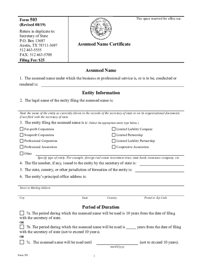  Form 503 Assumed Name Certificate 2019-2024