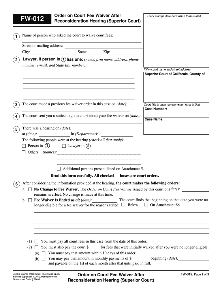  Fillable Online Courts Ca Order on Court Fee Waiver After 2019-2024