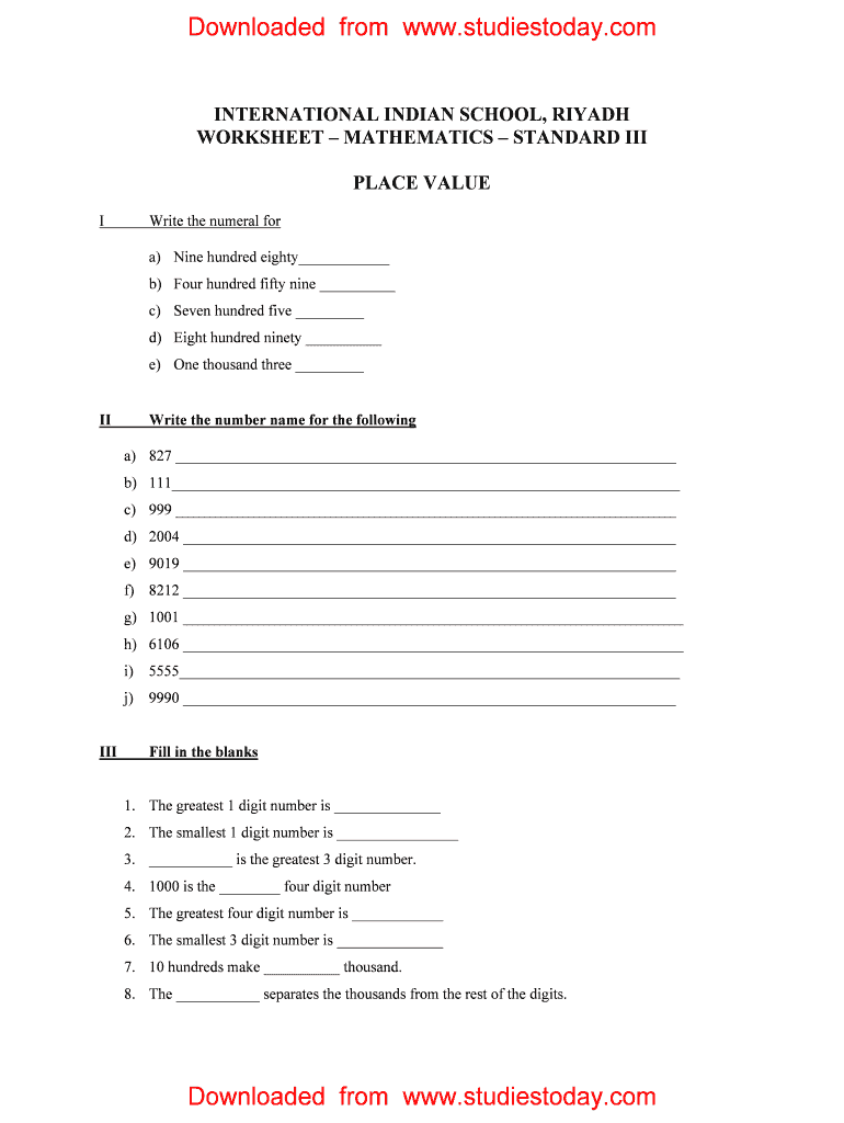 Knowing Our Numbers Worksheet  Form