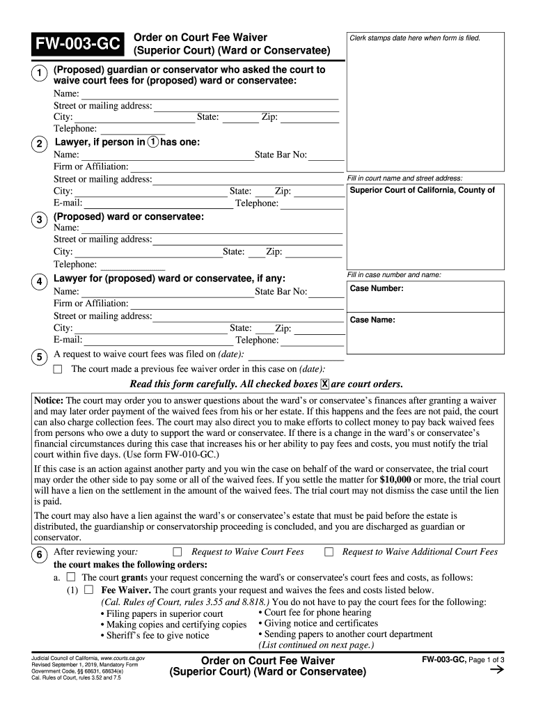  FW 003 GC Order on Court Fee Waiver Judicial Council Forms 2019-2024