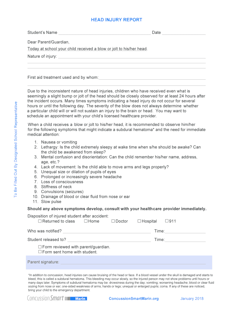 Head Injury Report Form V010618 Jade Marinschools Org