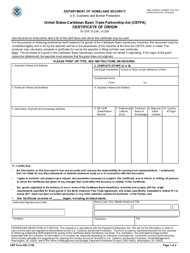 Cbp Certificate of Origin  Form