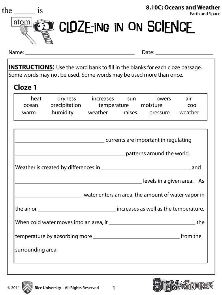 Cloze Ing in on Science Answer Key  Form