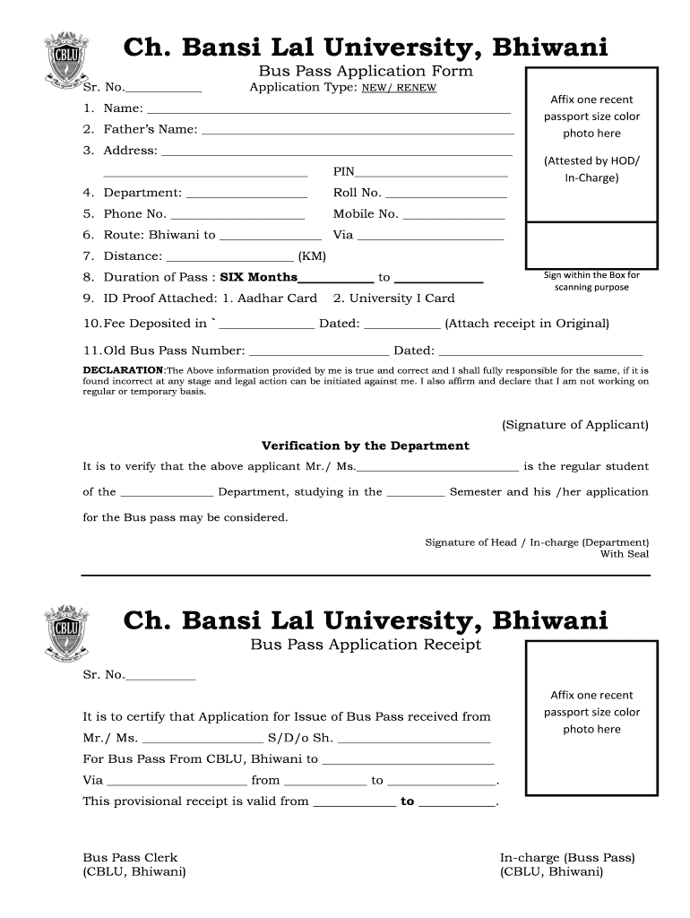 Bus Pass Application Form Chaudhary Bansi Lal University