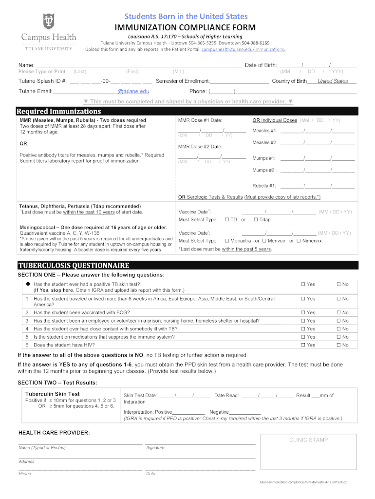  Tulane University Immunizattion Complainace Form for Students Born in the U S 2019-2024