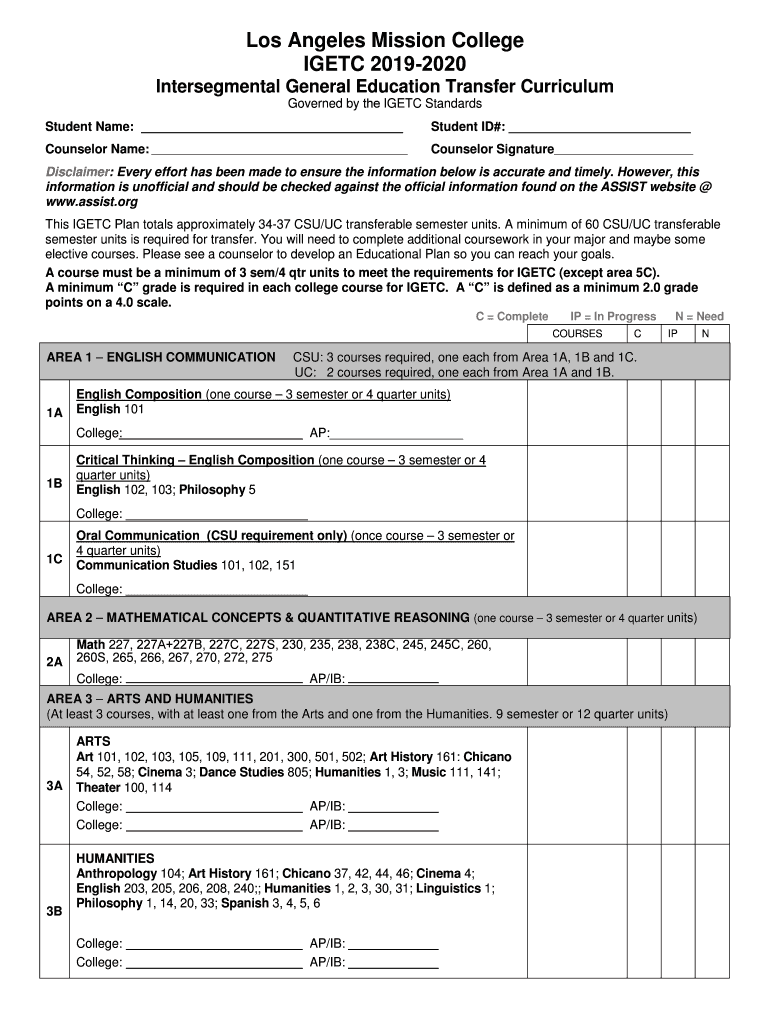 IGETC Form Los Angeles Mission College