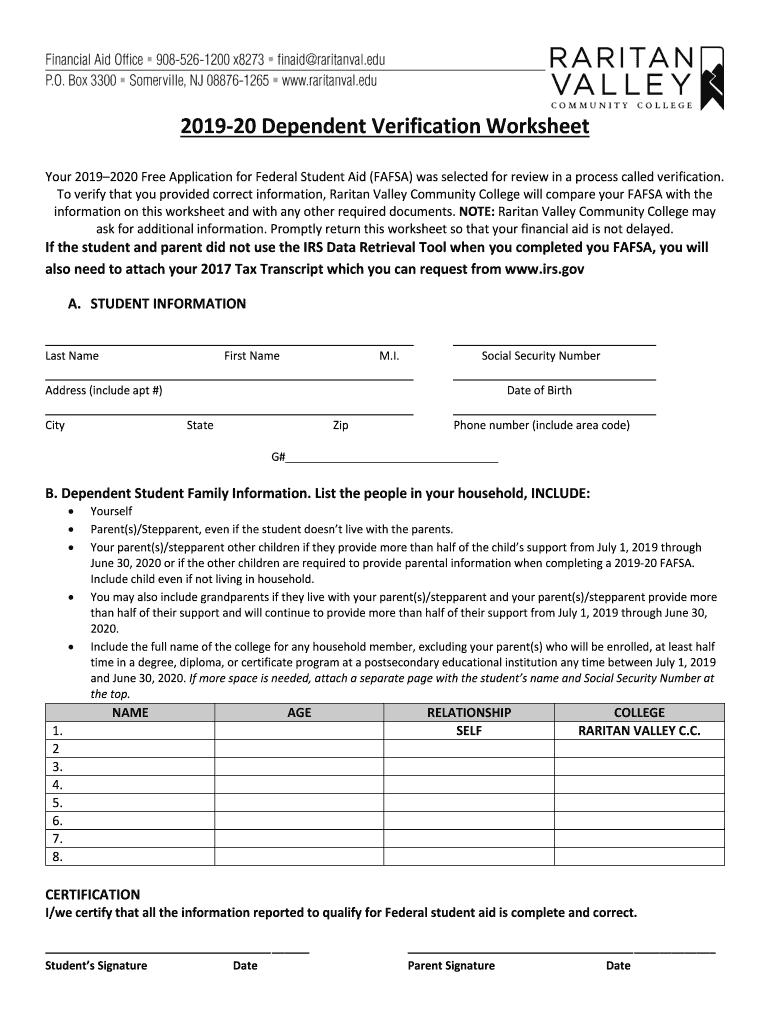 Get and Sign 20 Dependent Verification Worksheet Raritan Valley 2019-2022 Form