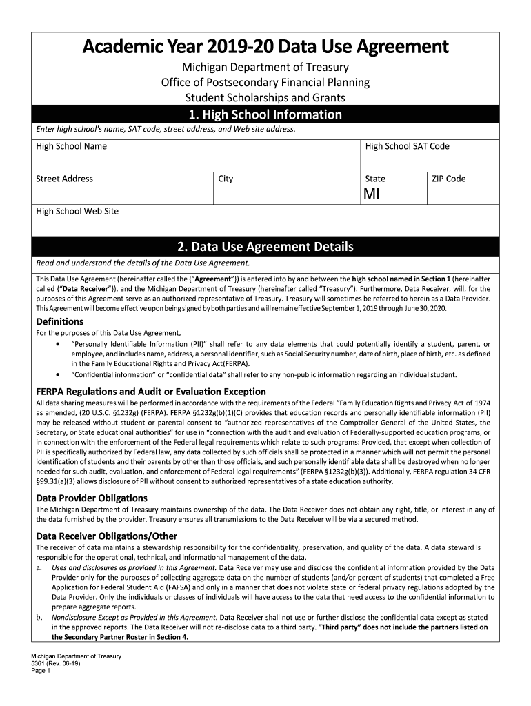  Data Use Agreement for Academic Year 20 2019