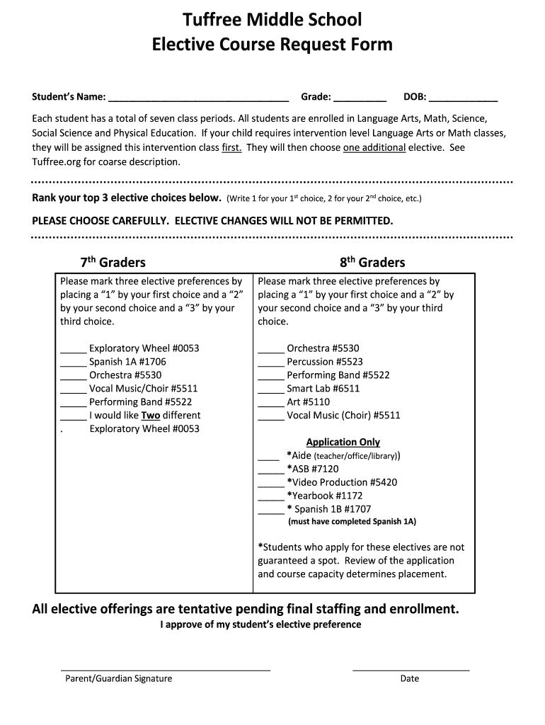 Tuf Middle School Elective Course Request Form