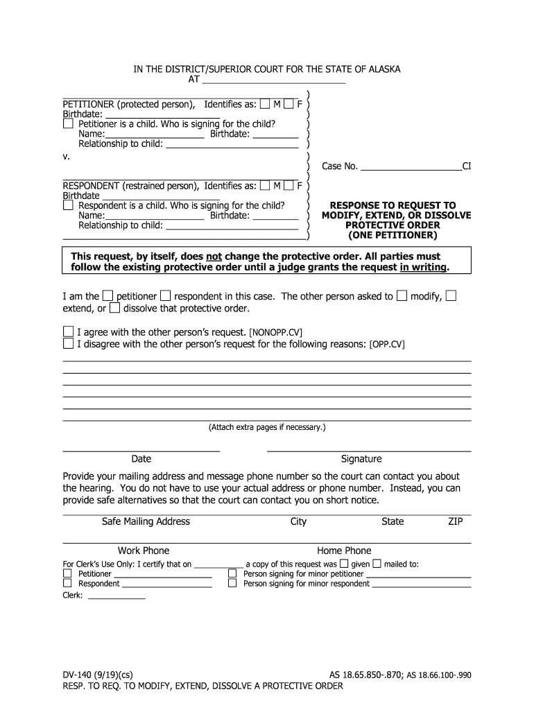  DV 131 M Request to Modify Protective Order State of Alaska 2019