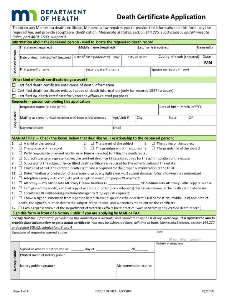 Minnesota Department of Heath Death Certificat Correction Form
