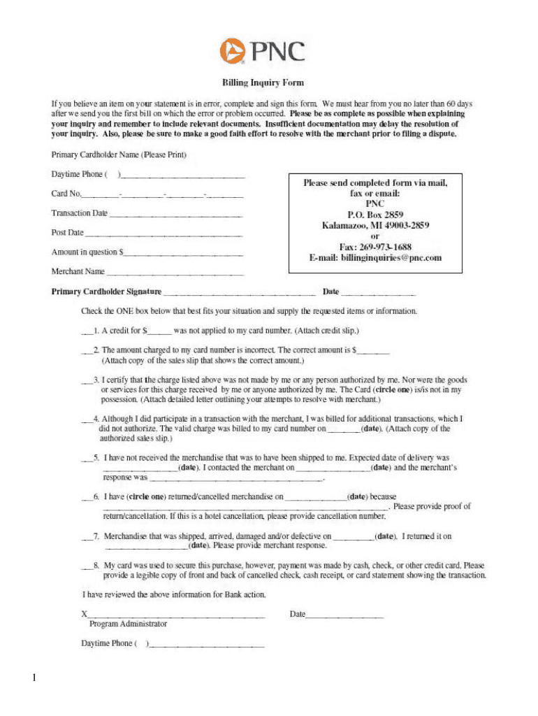 Pnc Billing Inquiry Form