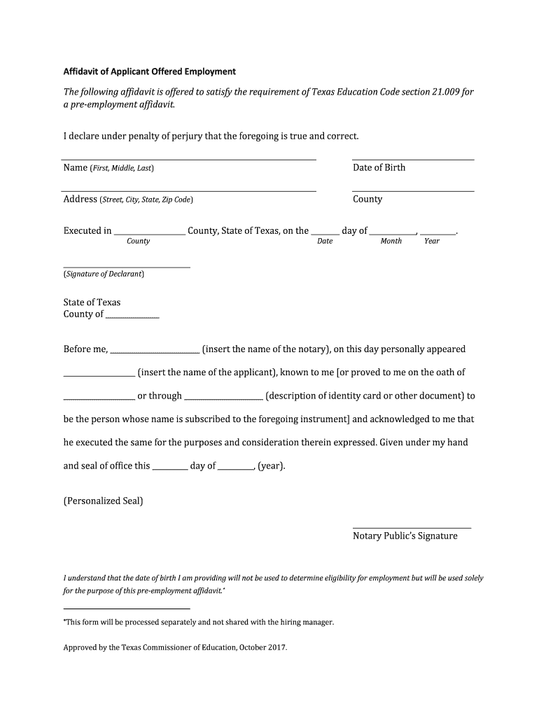 Texas Pre Employment Affidavit  Form