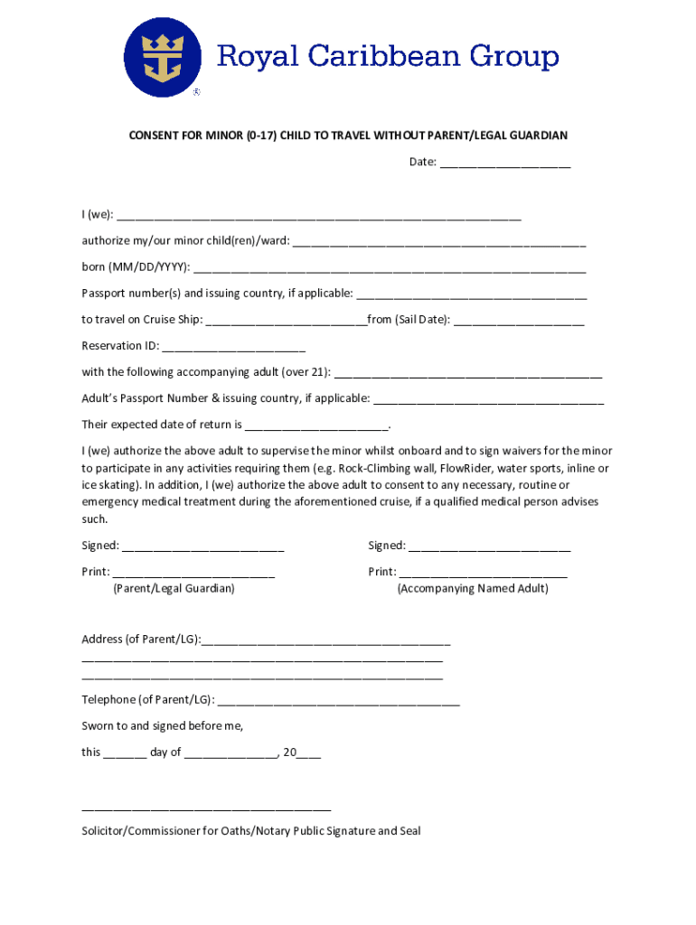 CONSENT for MINOR 0 17 CHILDREN to TRAVEL WITHOU  Form