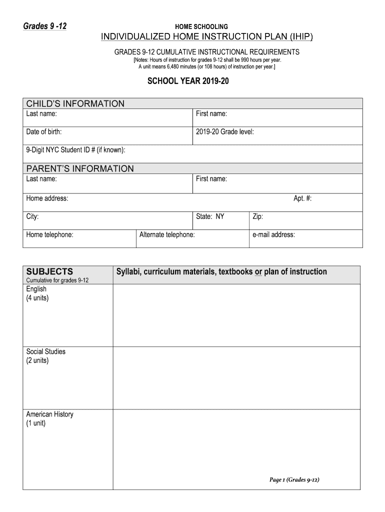 Grades 9 12 INDIVIDUALIZED HOME INSTRUCTION PLAN IHIP  Form