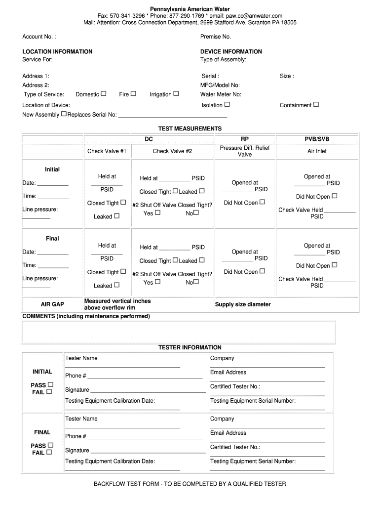  Pa American Water Backflow Test Form 2015-2024