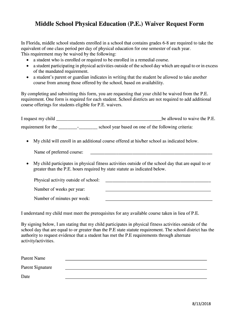  Middle School Physical Education P E Waiver Request Form 2018-2024
