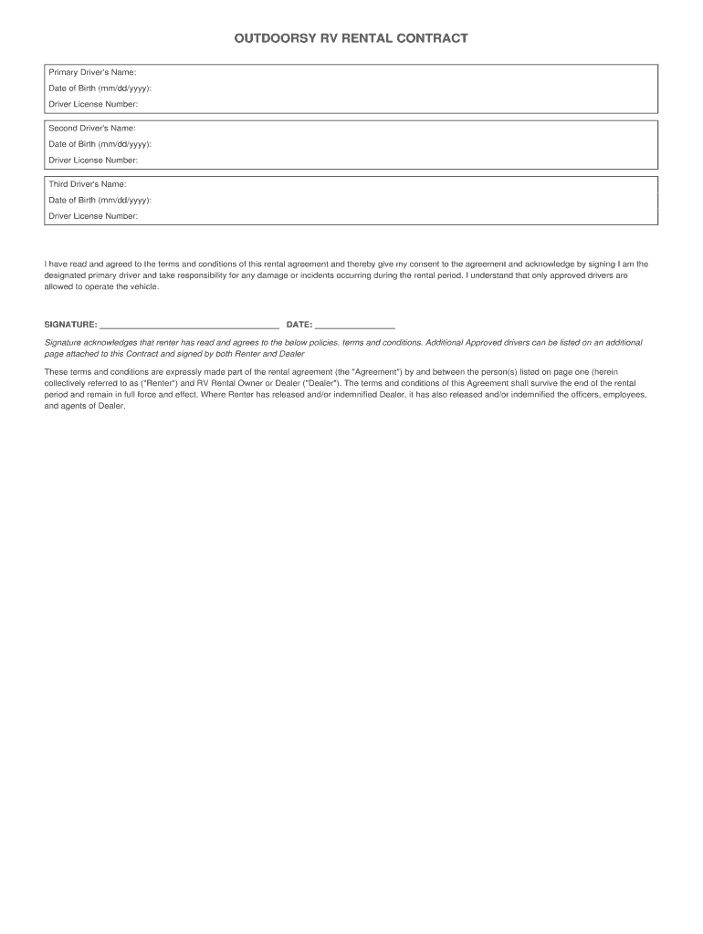 Outdoorsy Rental Agreement  Form