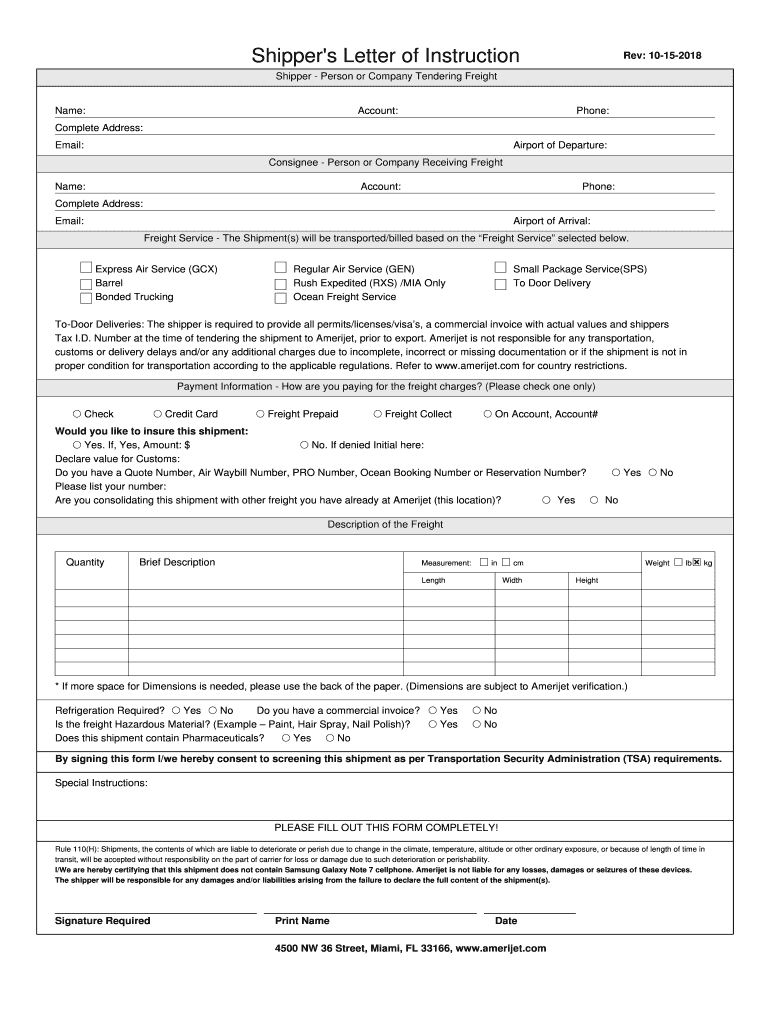 Ups Shippers Letter of Instruction  Form