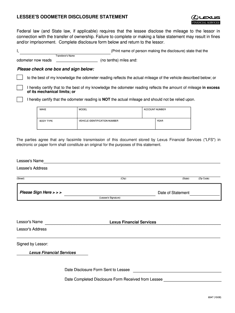 Lexus Odometer Statement  Form