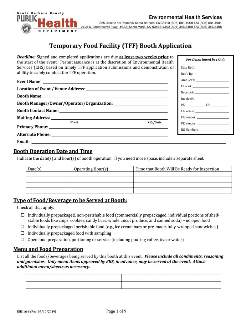  Temporary Food Facility TFF Booth Application 2019-2024