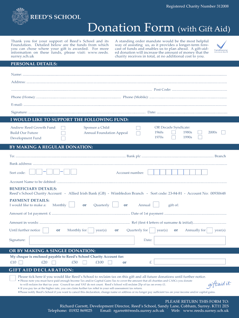 Gift Aid Declaration Reed's School  Form