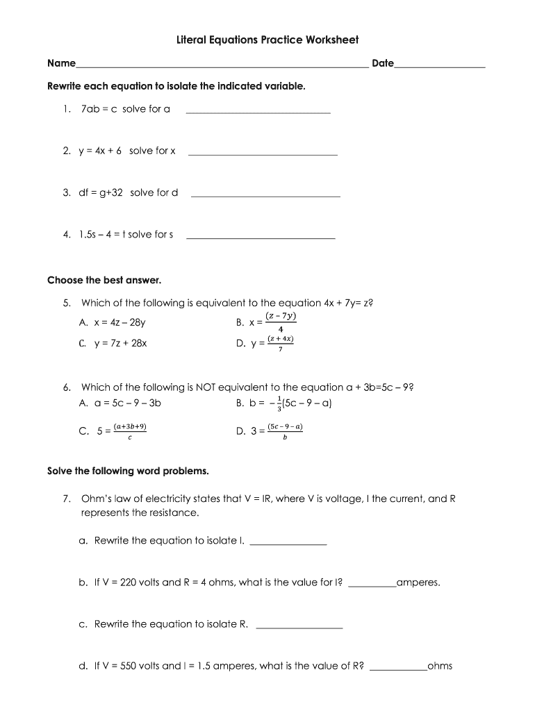 Literal Equations Practice Worksheet Answers  Form