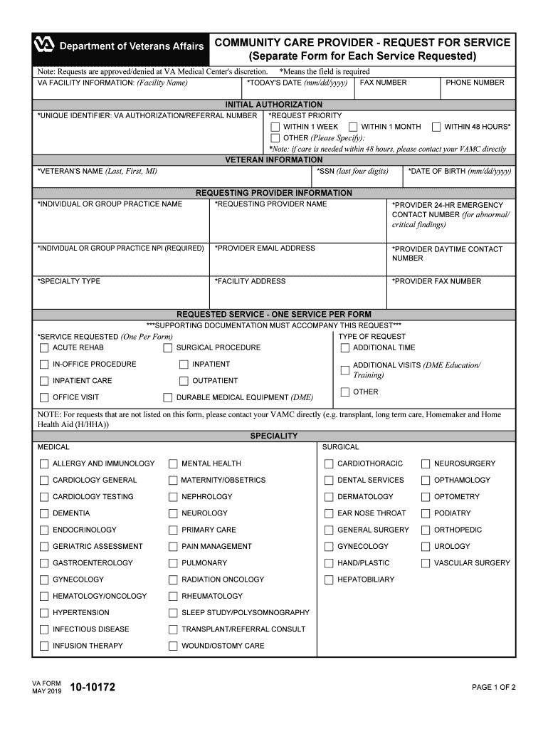 VA Form 10 10172 Community Care Provider Request for Service