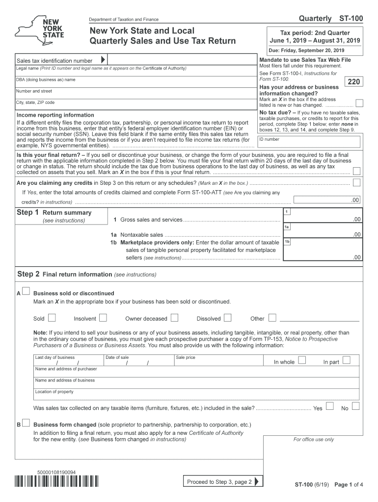  Form ST 100619New York State and Local Quarterly Sales and Use Tax Returnst100 2020