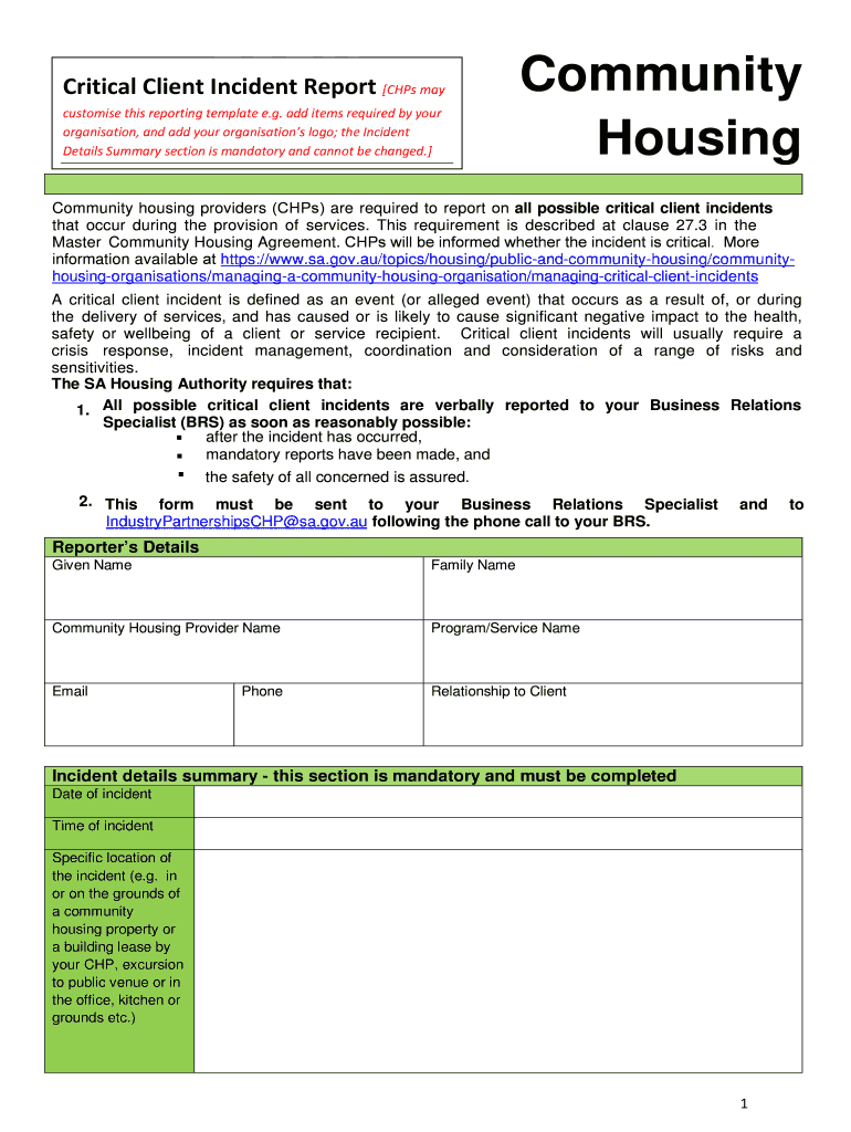 Critical Client Incident Report Form Critical Client Incidents Fill