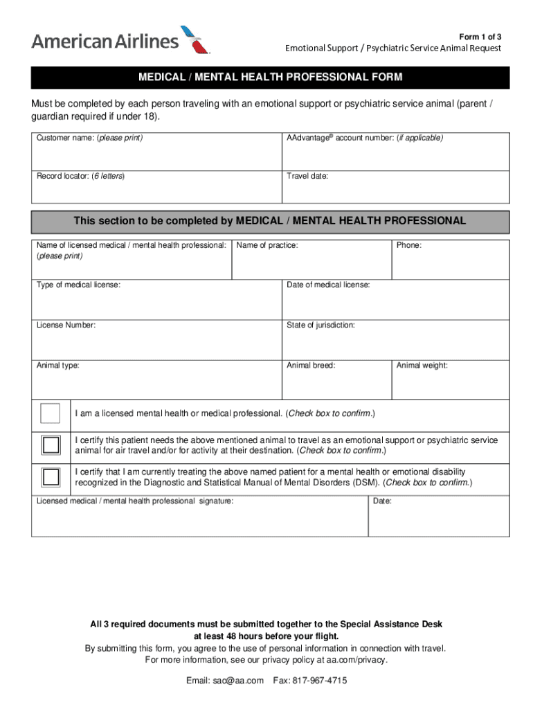 Emotional Support Psychiatric Service Animal Request Document Packet  Form