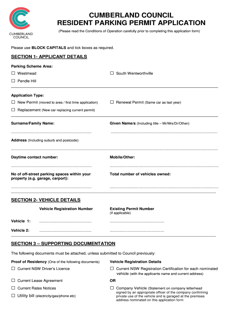 Cumberland Council Parking Permit  Form