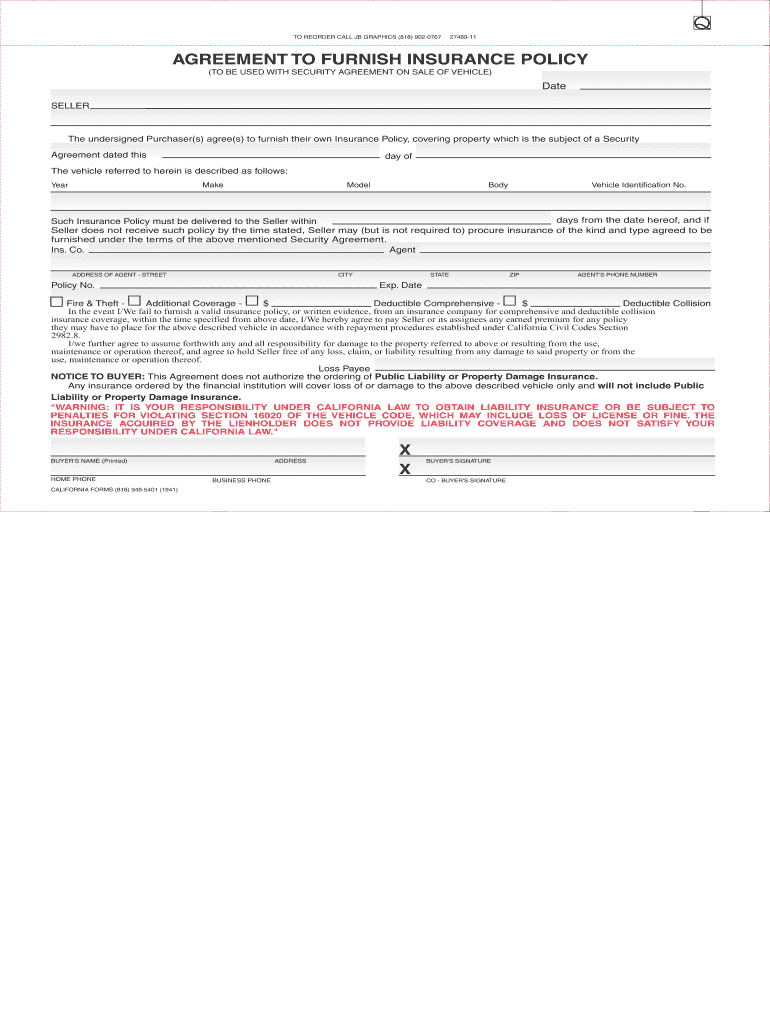 Agreement to Furnish Insurance Policy PDF  Form