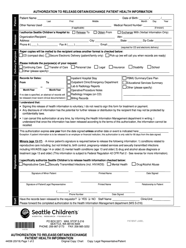Authorization to ReleaseObtainExchange Patient Health 2019