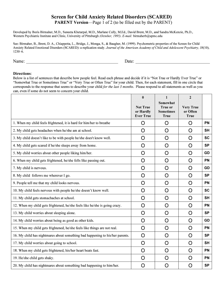 Screen for Child Anxiety Related Disorders SCARED Parent  Form