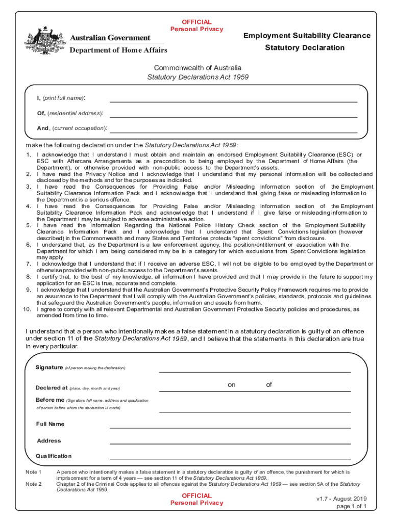 Australia Statutory Declaration Commonwealth  Form