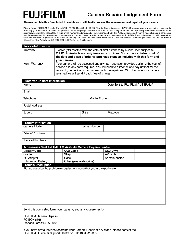 Fujifilm Camera Repair Form